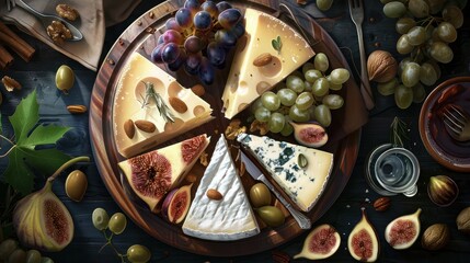 Cheese platter seen from above with figs and grapes, nuts and olives. Festive dinner aperitif.
