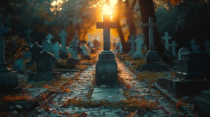 Sun shining on stone cross in cemetery during autumn