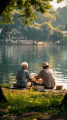 An elderly couple shares a meal while sitting by a calm lake during golden hour
