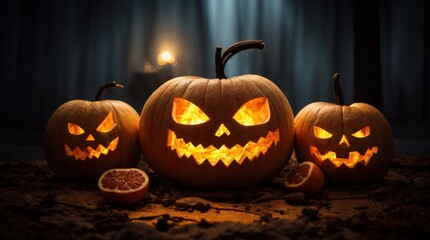 Mystic glow of jack-o'-lanterns in the forest 