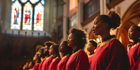 Fototapeta premium Gospel choir group singing in identical tunics in a church. Christian gospel singers praising Lord Jesus Christ in the church choir.