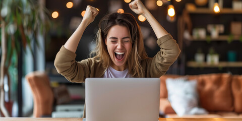 Excited young woman looking at laptop screen. Beautiful overjoyed girl feeling happy about her work.