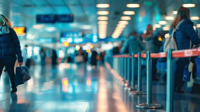 Lane of Waiting Blur People line at the check-in counter for airport travel transportation