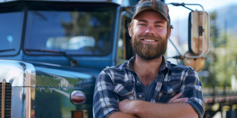 Handsome bearded truck driver standing in front of his modern semitruck, smiling at the camera with his arms crossed.