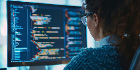Software developer illuminated by the glow of multiple monitors, deep in focus, with lines of code reflected in their glasses.