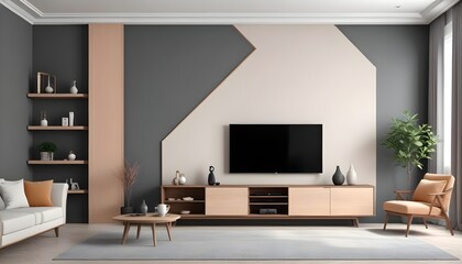 Two tone color wall background,Modern living room decor with a tv cabinet.3d rendering