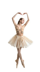 Naklejka premium Graceful ballerina in beige tutu performing ballet pose, transparent background
