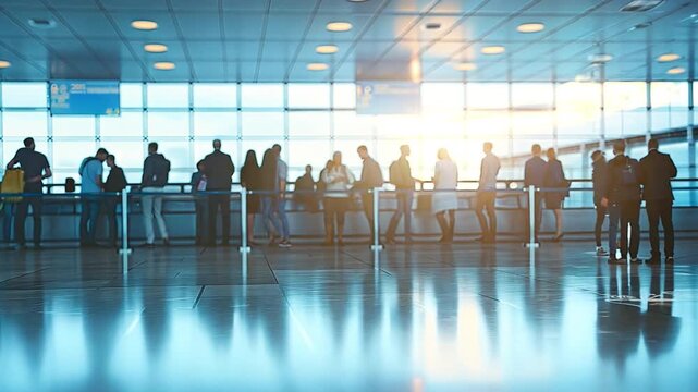 Lane of Waiting Blur People line at the check-in counter for airport travel transportation