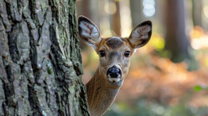 Curious Fawn Peeking Behind Tree in Autumn.