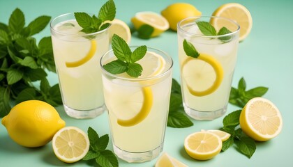 Two glasses of lemonade with lemon slices and mint leaves, surrounded by fresh lemons on a light green background