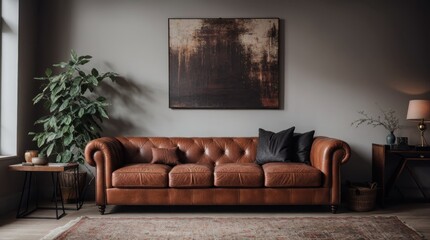 Stylish vintage leather sofa in softly lit elegant living room 
