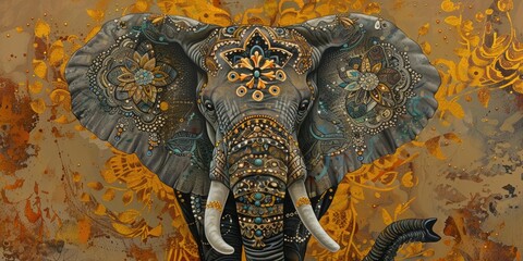 Fototapeta premium Majestic elephant adorned with intricate decorations exuding strength wisdom and grace captivates with its sheer presence