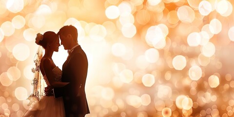 Bride and groom silhouette with warm bokeh lights
