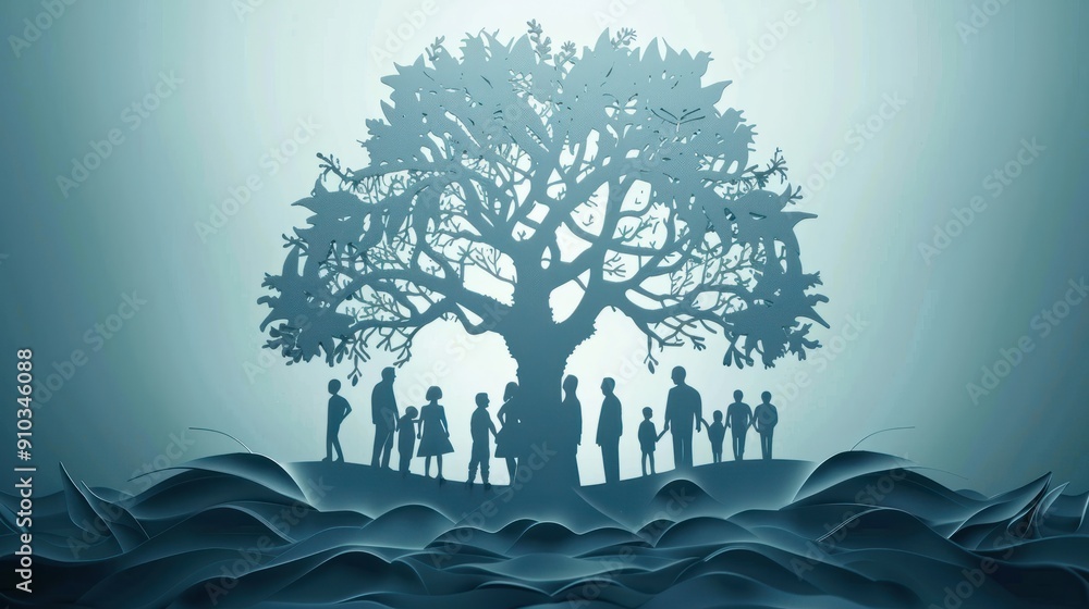 Poster illustrate a paper cut of a family tree with each branch made of paper representing generations of k
