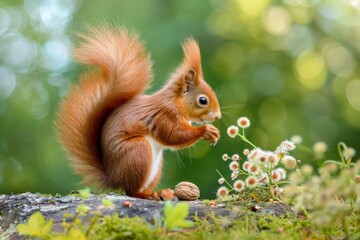 Red Squirrel Eating Nut in Spring Forest - Wildlife with Fluffy Tail in Natural Habitat. Beautiful simple AI generated image in 4K, unique.