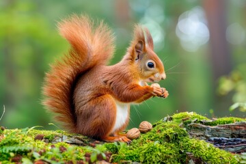 Sciurus vulgaris - Eichhörnchen mit einer Haselnuß. Beautiful simple AI generated image in 4K, unique.