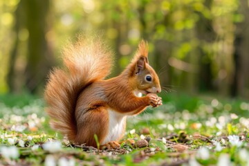 Obraz premium Sciurus vulgaris - Eichhörnchen mit einer Haselnuß. Beautiful simple AI generated image in 4K, unique.