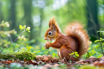 Fototapeta premium Red squirrel close-up. Beautiful simple AI generated image in 4K, unique.