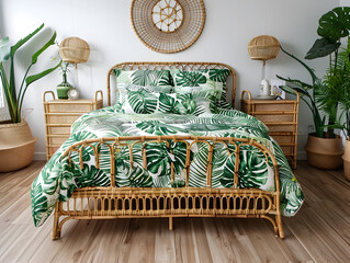 Bright and colorful bedroom with tropical palm leaf prints on the walls and bedding.