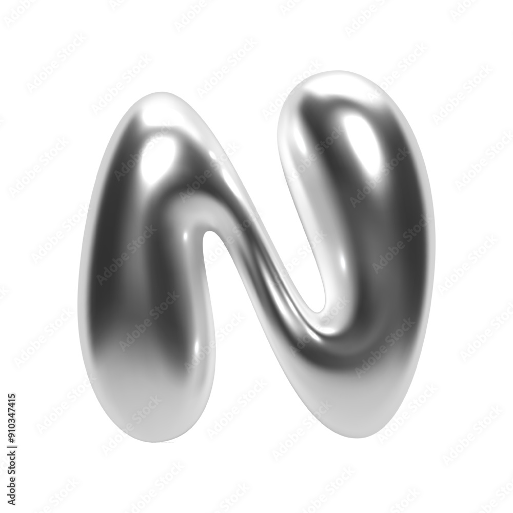 Poster 3d chrome bubble letter n in y2k futuristic style. shiny silver glossy surface with inflated liquid 