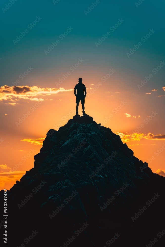 Wall mural silhouette of a successful man on top of a hill.