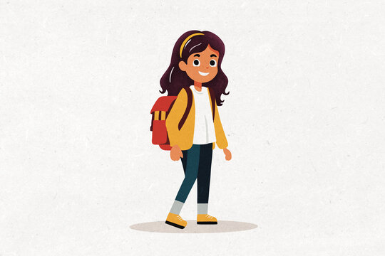 Smiling student girl walking with backpack going to school