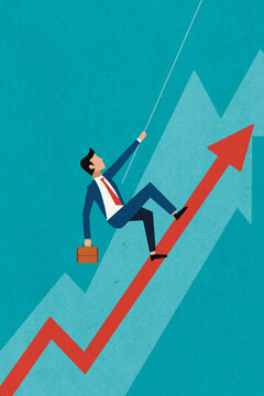 Businessman climbing up arrow chart using rope pulling himself up