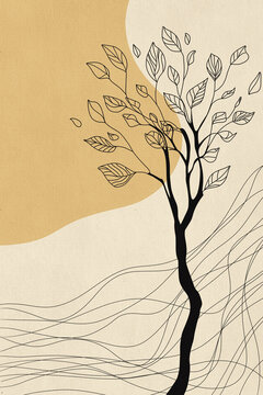 Minimalist abstract tree growing from wavy lines background