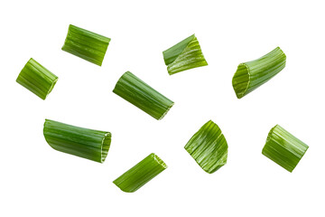 Falling green onion slices, cut chives isolated on transparent or white background