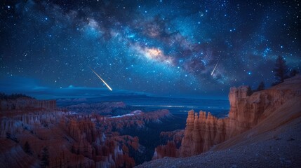 The milky way and shooting stars are shining over a canyon landscape at night