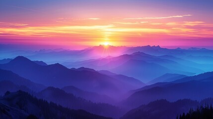 Fototapeta premium Sun shining over layers of colorful mountain ranges