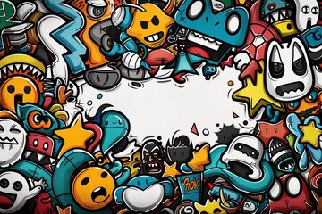 Blank center with vibrant doodles around the edges, including cartoon animals, funny faces, superheroes, and quirky creatures