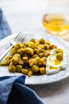 Fried bamia with sour cream sauce, a Mediterranean delight