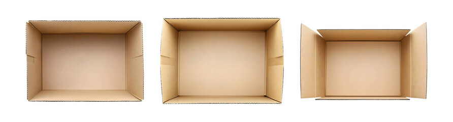 Fototapeta premium Set of opened cardboard boxes, parcels, top view isolated on transparent or white background