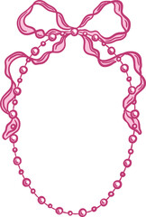 Elegant decorative vector frame of ribbon bow and pearls. Vintage coquette element in hand-drawn style. Isolated whimsical border. Suitable for wedding or birthday invitation