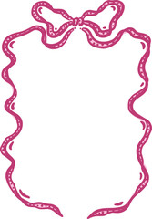 Elegant decorative vector frame of ribbon bow. Whimsical cute element in hand-drawn style. Isolated border in burgundy color. Suitable for wedding or birthday invitation.