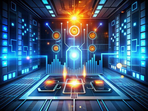 Futuristic abstract background with dynamic glowing lines and shapes, surrounded by sleek control panels, indicating innovative transformation and growth strategies.