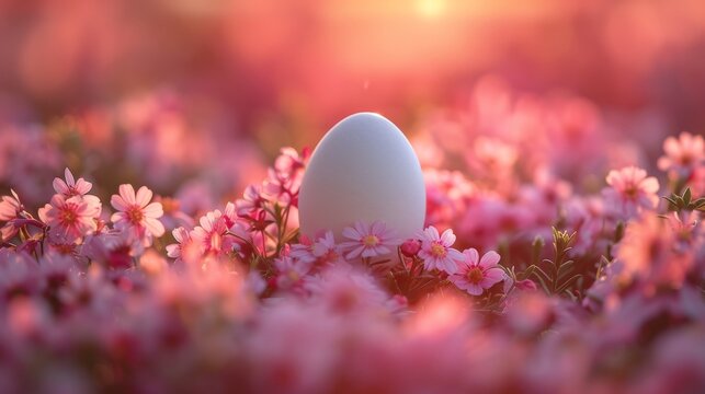 White easter egg standing in field of pink flowers at sunset