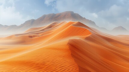 Sunlight illuminating rolling sand dunes in a vast desert