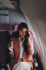 Attractive Asian female passenger of airplane sitting in comfortable seat while working laptop and tablet with mock up area using wireless connection. Travel in style, work with grace.