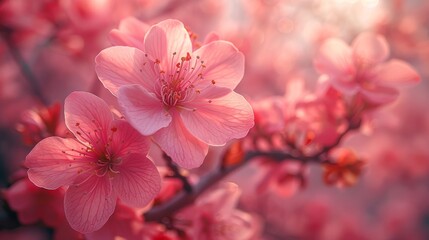Beautiful pink flowers blooming on branch in springtime