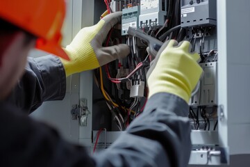 Electrician Upgrading a Homes Distribution Board Electrician replacing the distribution board to upgrade a homes electrical panel.