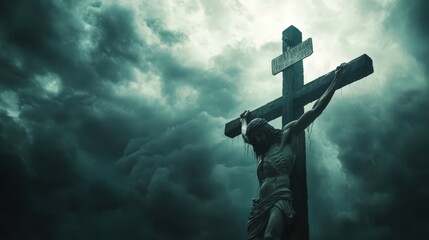 Powerful Representation of the Crucifixion with Jesus on the Cross Against a Darkened Sky