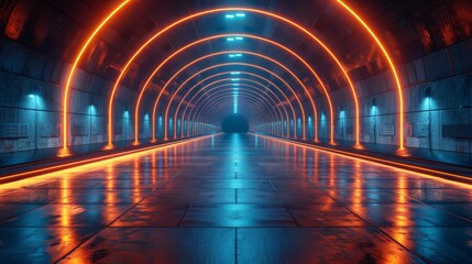 Futuristic tunnel glowing with orange and blue neon light reflecting on tiled floor