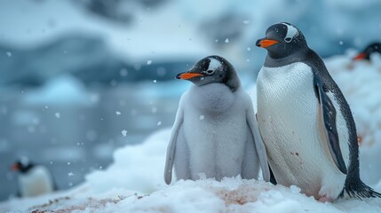 Fototapeta premium Two gentoo penguins standing on snowy hillside during snowfall