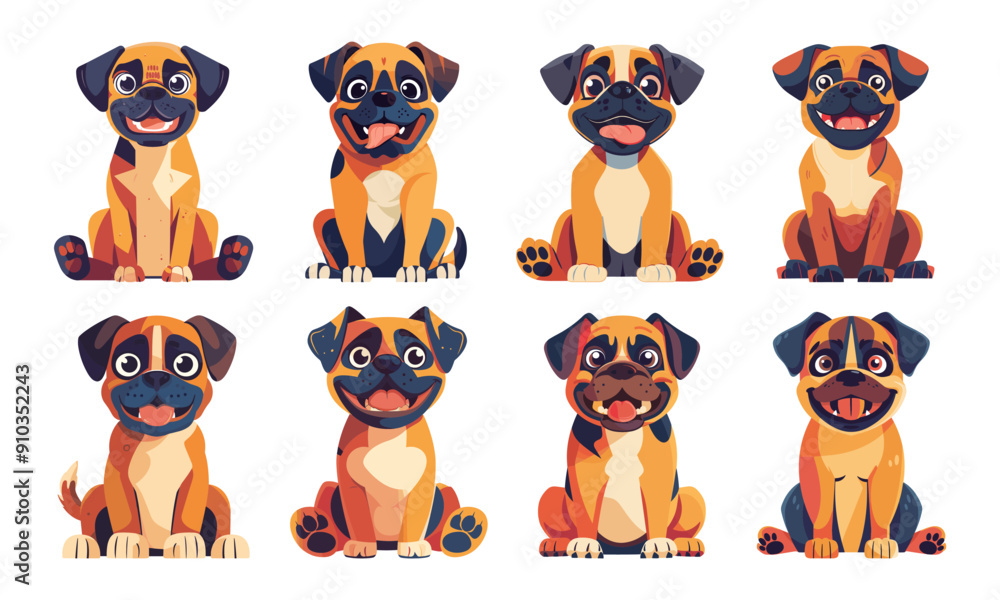 Poster sitting boxer dog cartoon illustrations. canine breed avatar portraits furry amiable cheerful buddy 