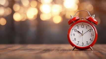 Vintage Red Alarm Clock on Wooden Surface with Blurred Bokeh Background, Symbolizing Time Management, Punctuality, and Retro Style