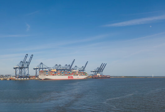 The container ship OOCL Turkiye docked at the Port of Felixstowe in Suffolk, UK