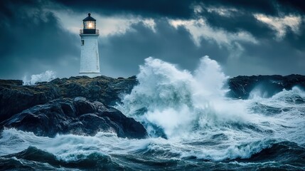 Obraz premium Solitary Lighthouse Stands on a Rocky Outcrop Surrounded by Powerful Stormy Seas