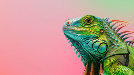 Retrato colorido de iguana verde em fundo de dois tons.